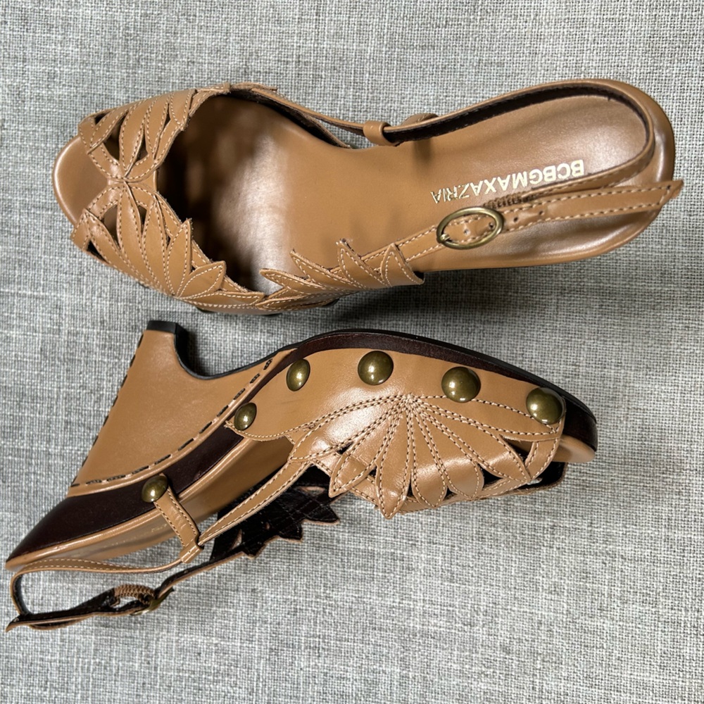 BCBGMaxAzria Tan Leather Studded Slingback Clog Mules